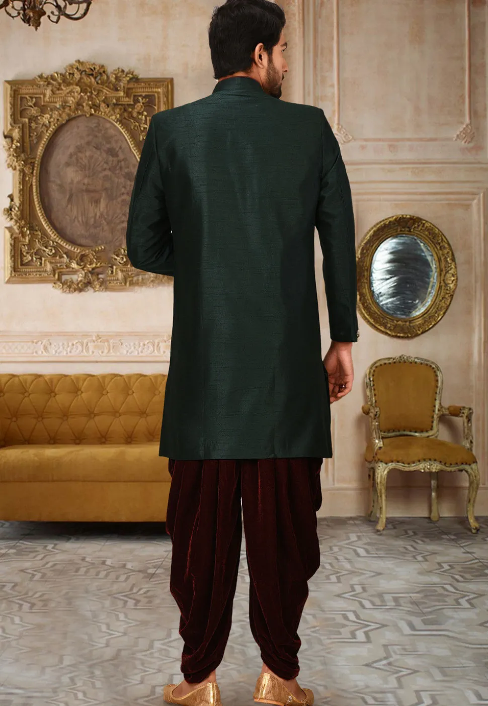 Solid Color Art Silk Dhoti Kurta in Dark Green