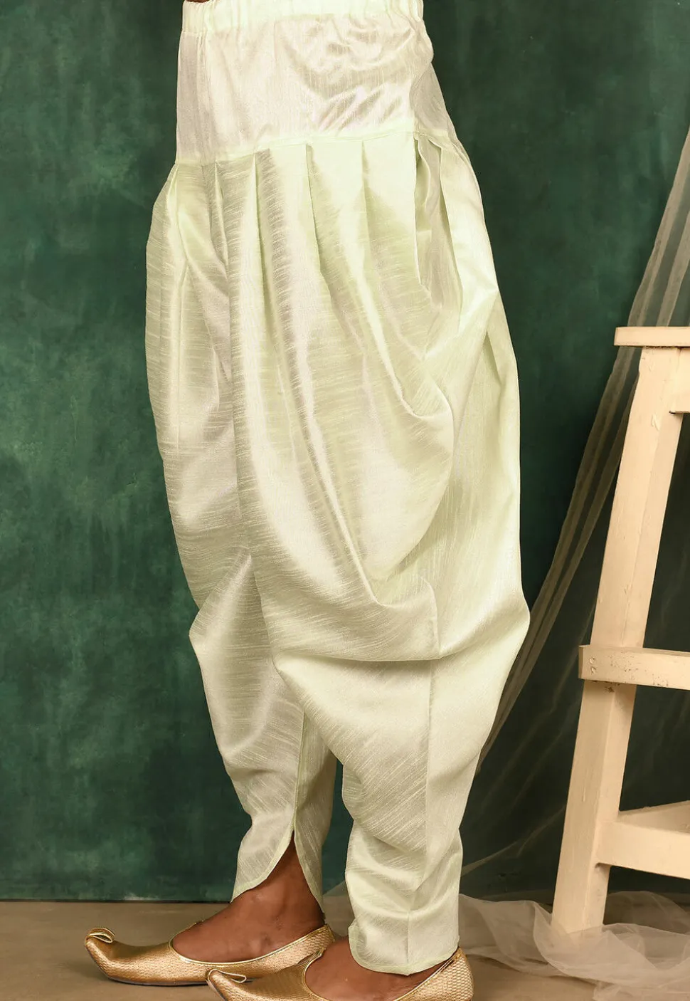 Solid Color Art Silk Dhoti Pant in Cream