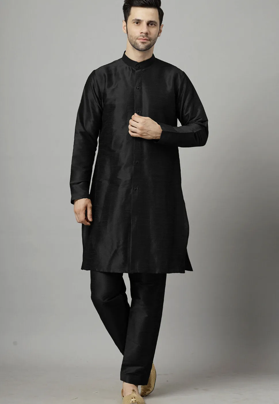 Solid Color Art Silk Front Slit Kurta Set in Black
