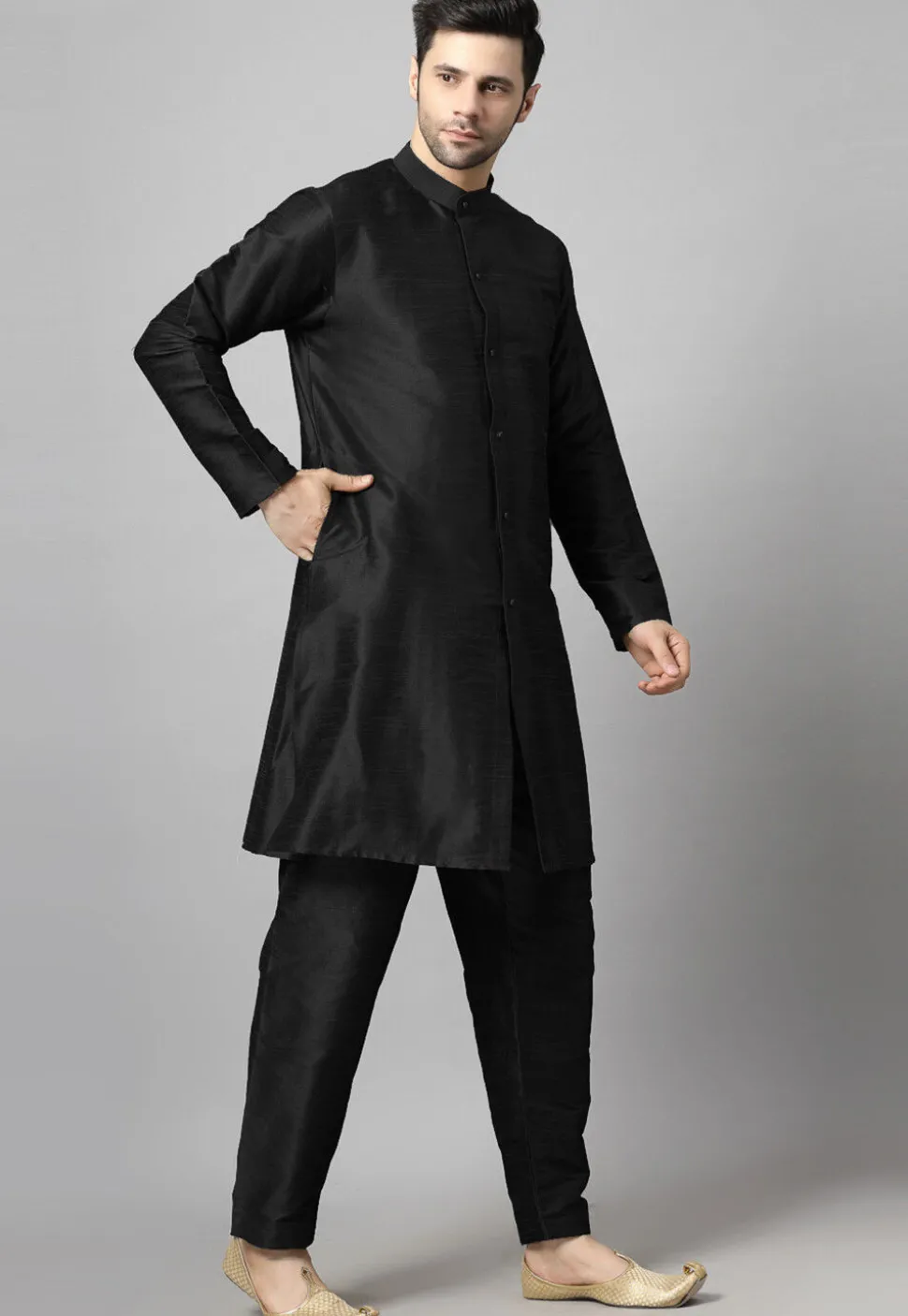 Solid Color Art Silk Front Slit Kurta Set in Black