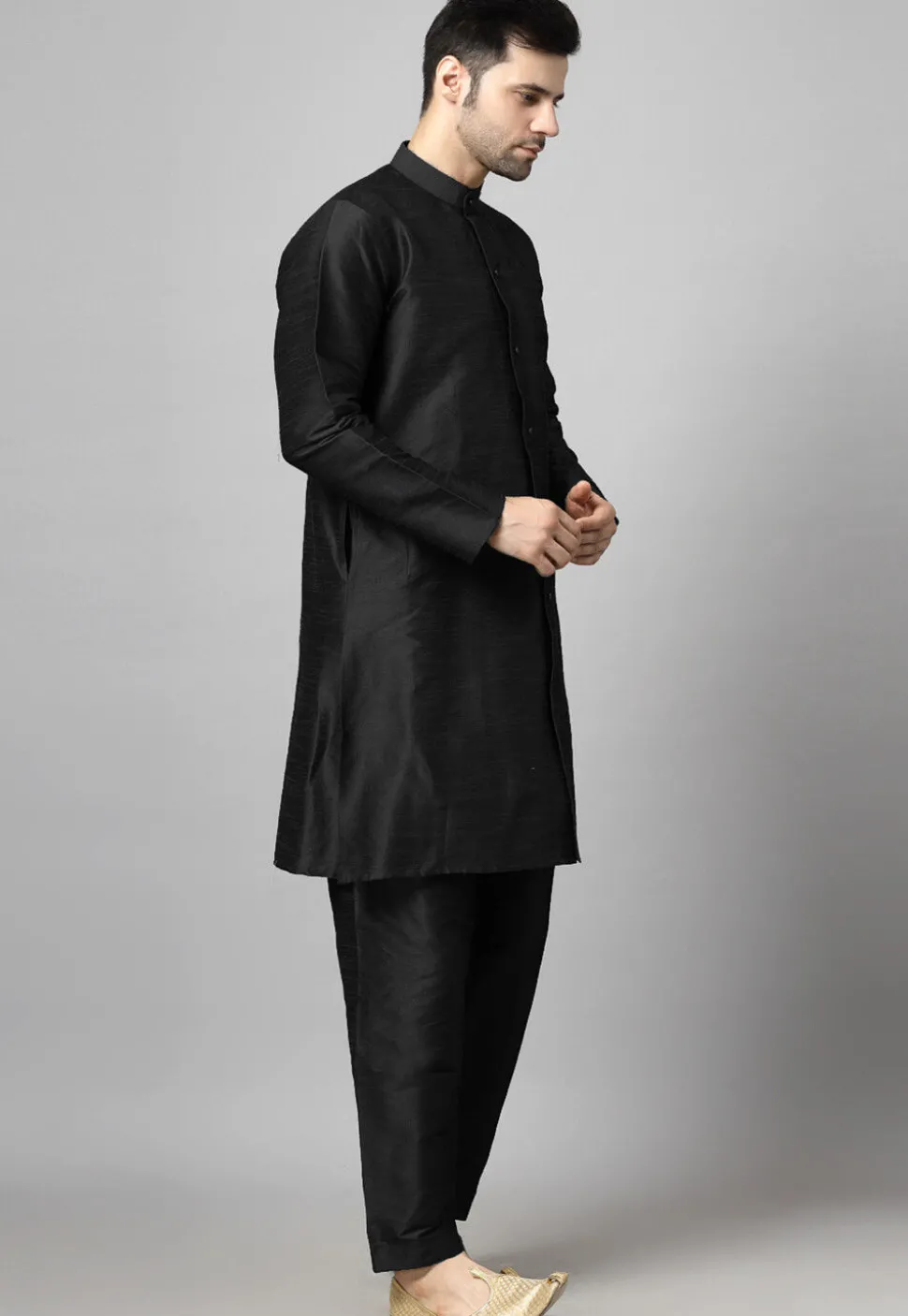 Solid Color Art Silk Front Slit Kurta Set in Black
