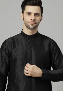 Solid Color Art Silk Front Slit Kurta Set in Black