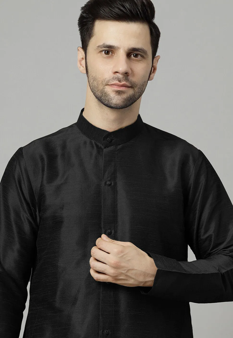 Solid Color Art Silk Front Slit Kurta Set in Black