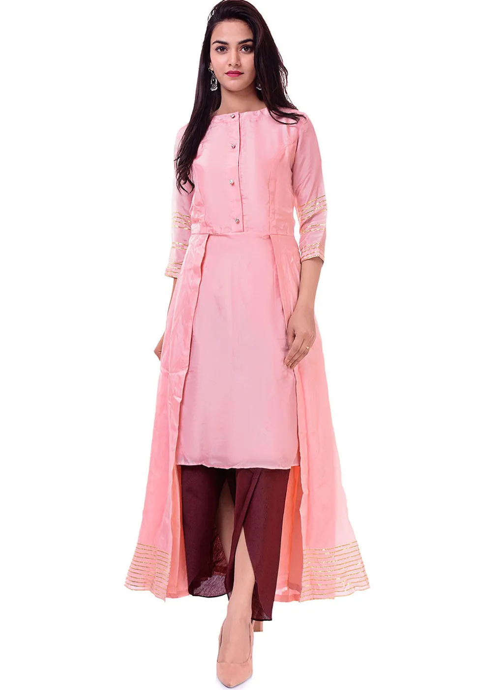Solid Color Art Silk Hig Low Kurta in Peach