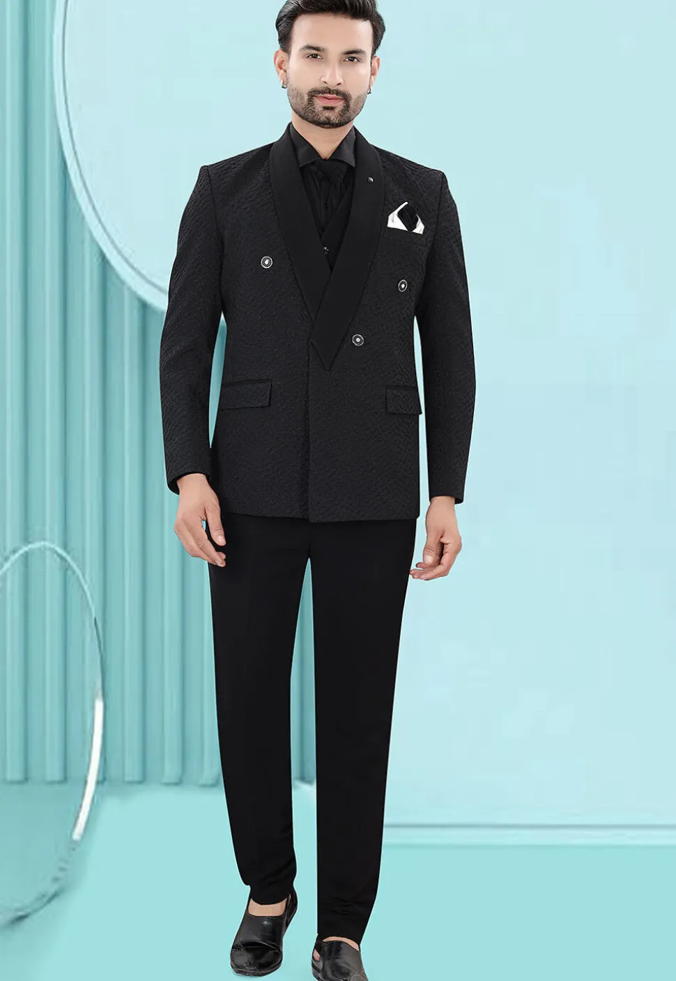 Solid Color Art Silk Jacquard Tuxedo in Black