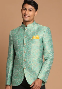Solid Color Art Silk Jacquard Jodhpuri Jacket in Sea Green