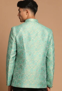 Solid Color Art Silk Jacquard Jodhpuri Jacket in Sea Green
