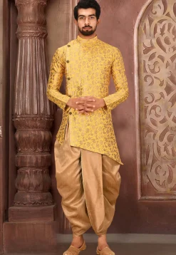 Solid Color Art Silk Jacquard Dhoti Kurta in Yellow