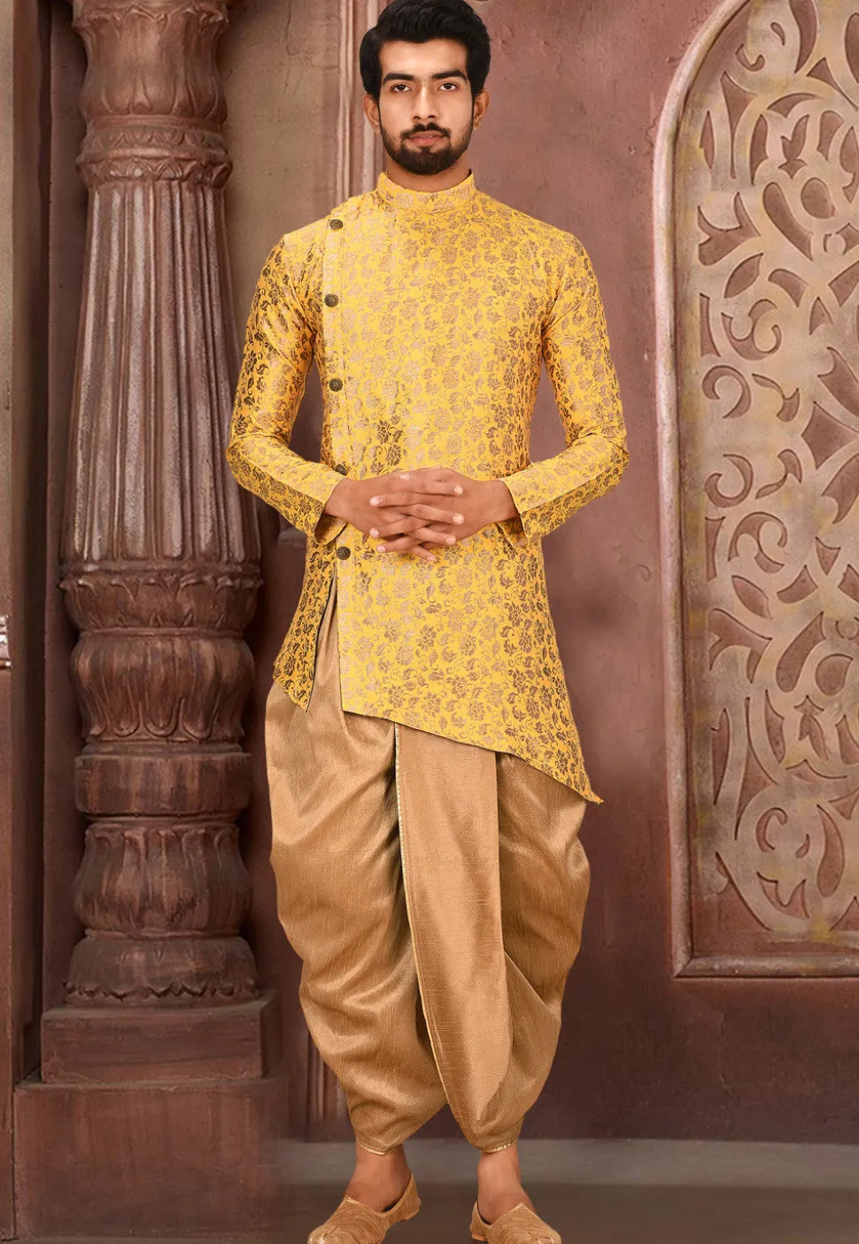 Solid Color Art Silk Jacquard Dhoti Kurta in Yellow