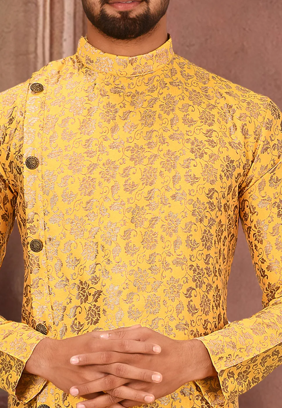 Solid Color Art Silk Jacquard Dhoti Kurta in Yellow
