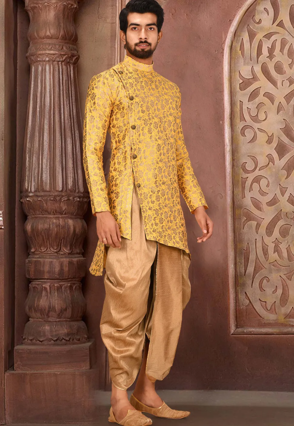 Solid Color Art Silk Jacquard Dhoti Kurta in Yellow