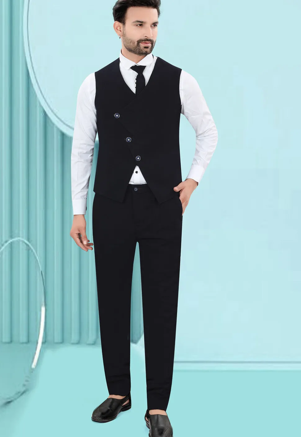 Solid Color Art Silk Jacquard Tuxedo in Navy Blue