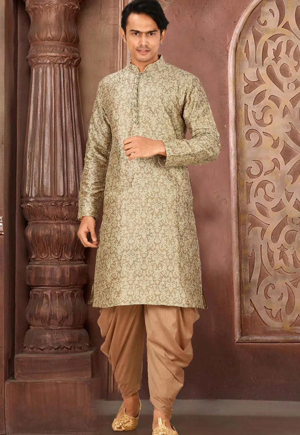 Solid Color Art Silk Jacquard Kurta Set in Beige