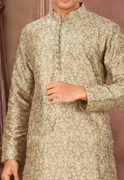 Solid Color Art Silk Jacquard Kurta Set in Beige
