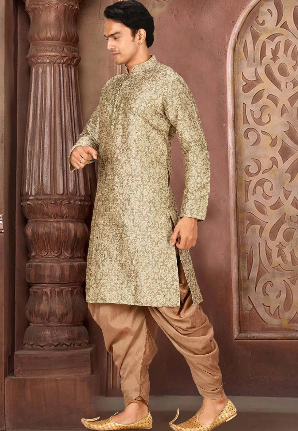 Solid Color Art Silk Jacquard Kurta Set in Beige