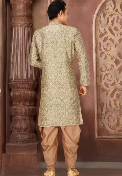 Solid Color Art Silk Jacquard Kurta Set in Beige