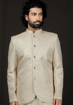 Solid Color Art Silk Jacquard Jodhpuri Jacket in Light Beige
