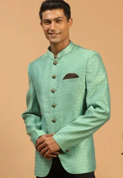 Solid Color Art Silk Jacquard Jodhpuri Jacket in Green