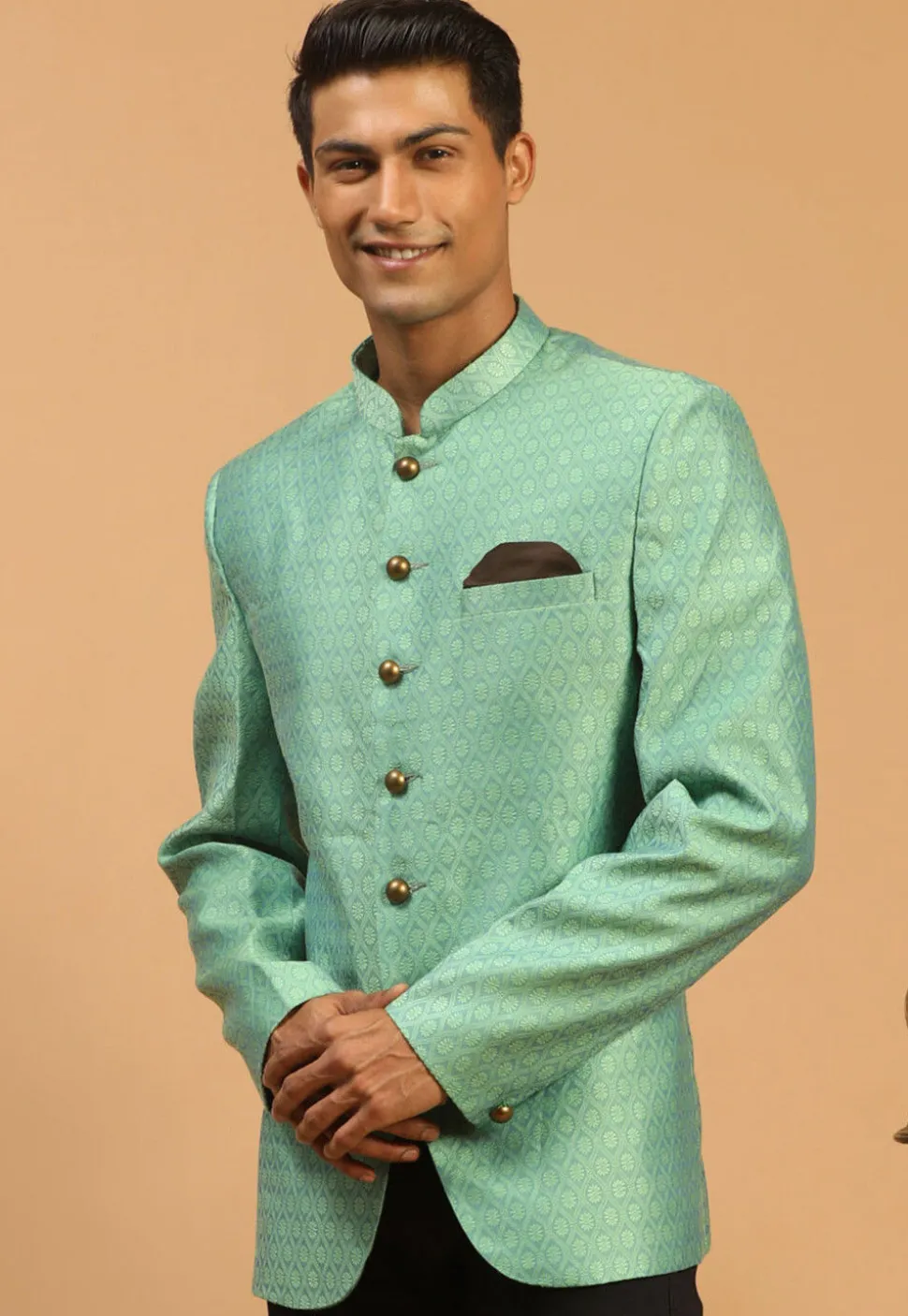 Solid Color Art Silk Jacquard Jodhpuri Jacket in Green
