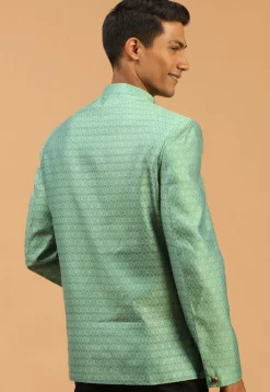 Solid Color Art Silk Jacquard Jodhpuri Jacket in Green