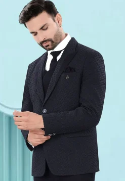 Solid Color Art Silk Jacquard Blazer in Navy Blue