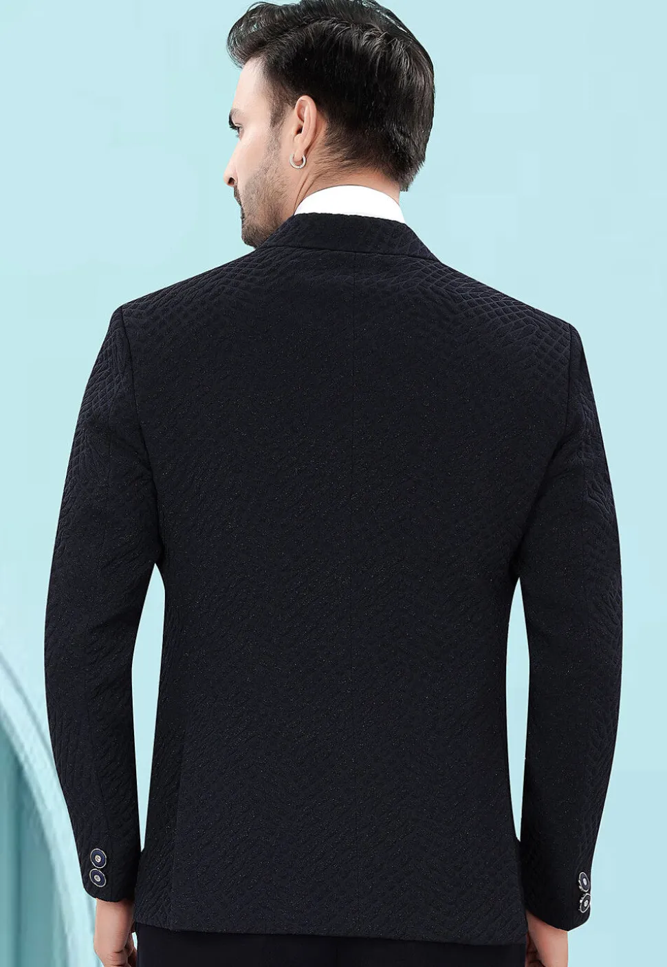 Solid Color Art Silk Jacquard Blazer in Navy Blue