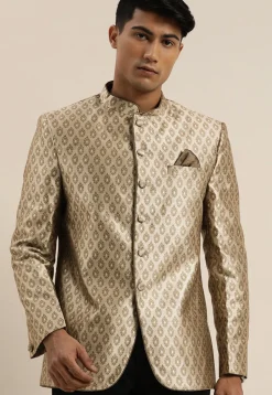 Solid Color Art Silk Jacquard Jodhpuri Jacket in Dusty Green