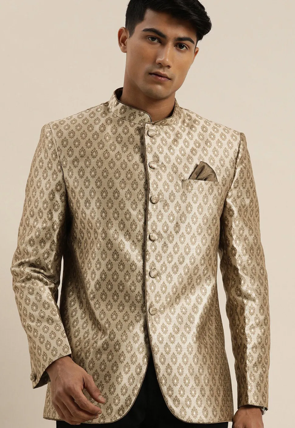Solid Color Art Silk Jacquard Jodhpuri Jacket in Dusty Green