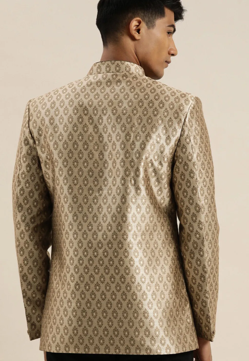 Solid Color Art Silk Jacquard Jodhpuri Jacket in Dusty Green