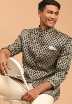 Solid Color Art Silk Jacquard Jodhpuri Jacket in Black