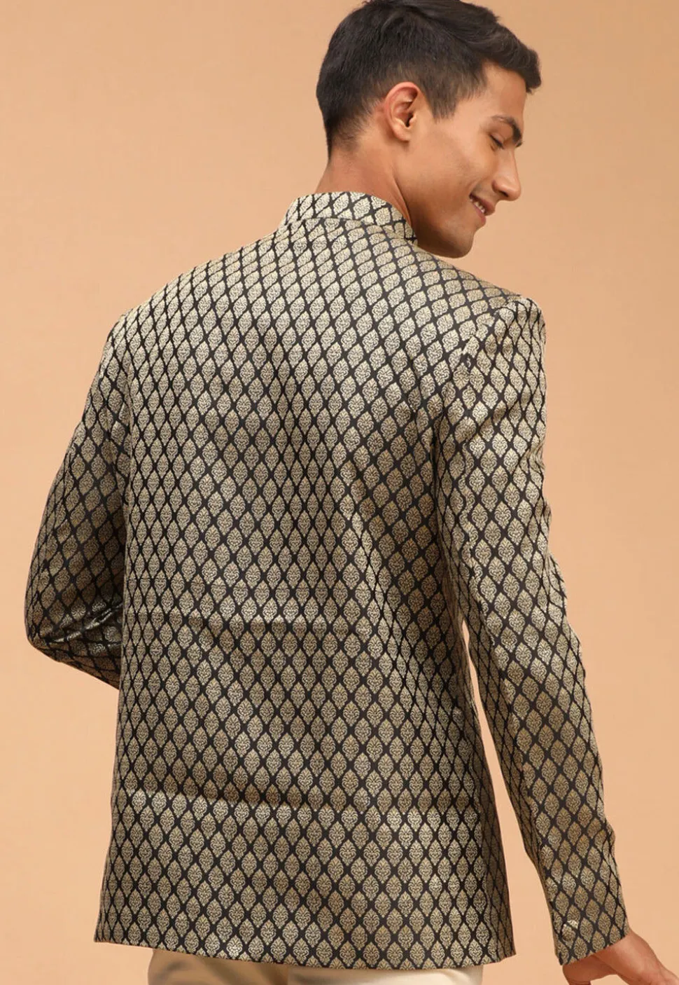 Solid Color Art Silk Jacquard Jodhpuri Jacket in Black