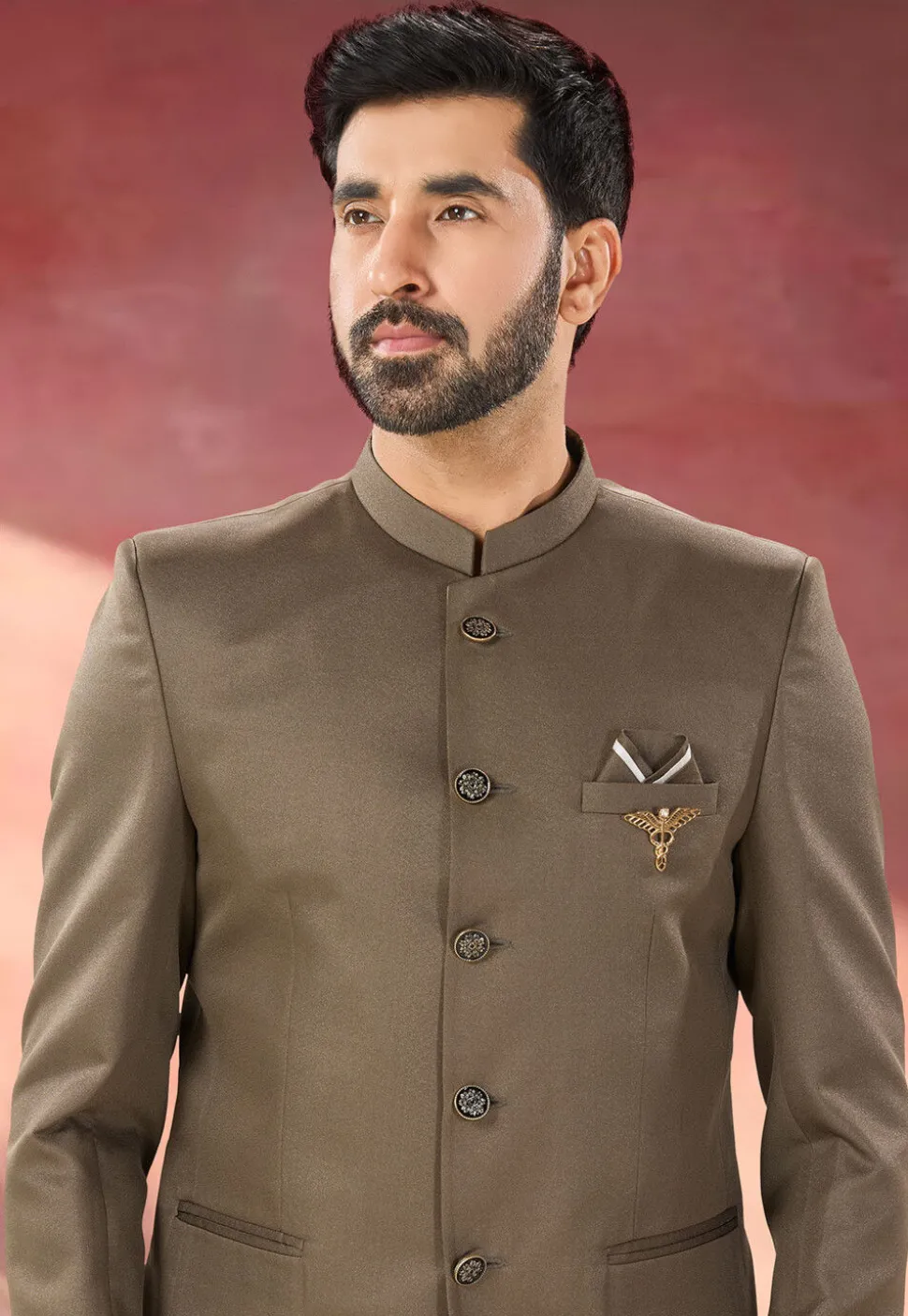 Solid Color Art Silk Jodhpuri Suit in Brown