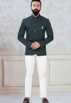 Solid Color Art Silk Jodhpuri Suit in Dark Green