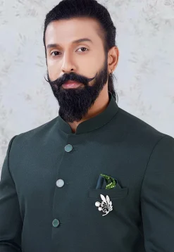 Solid Color Art Silk Jodhpuri Suit in Dark Green