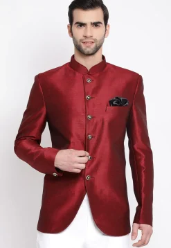 Solid Color Art Silk Jodhpuri Jacket in Maroon