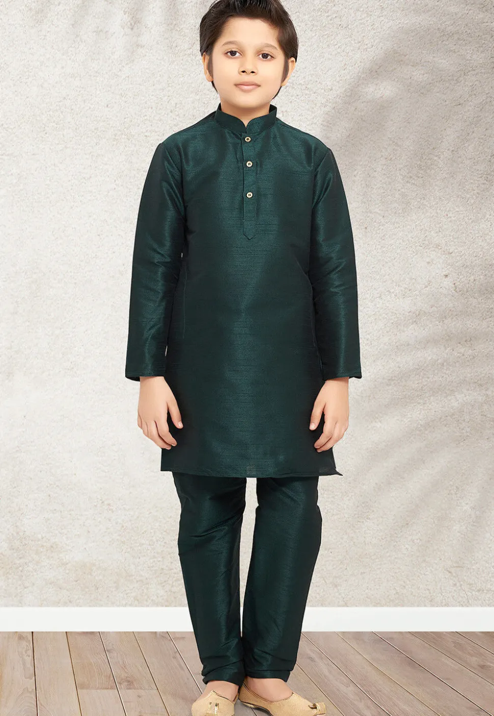 Solid Color Art Silk Kurta Set in Dark Green and