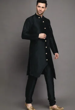 Solid Color Art Silk Kurta Set in Black