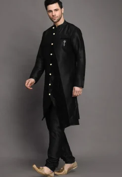 Solid Color Art Silk Kurta Set in Black