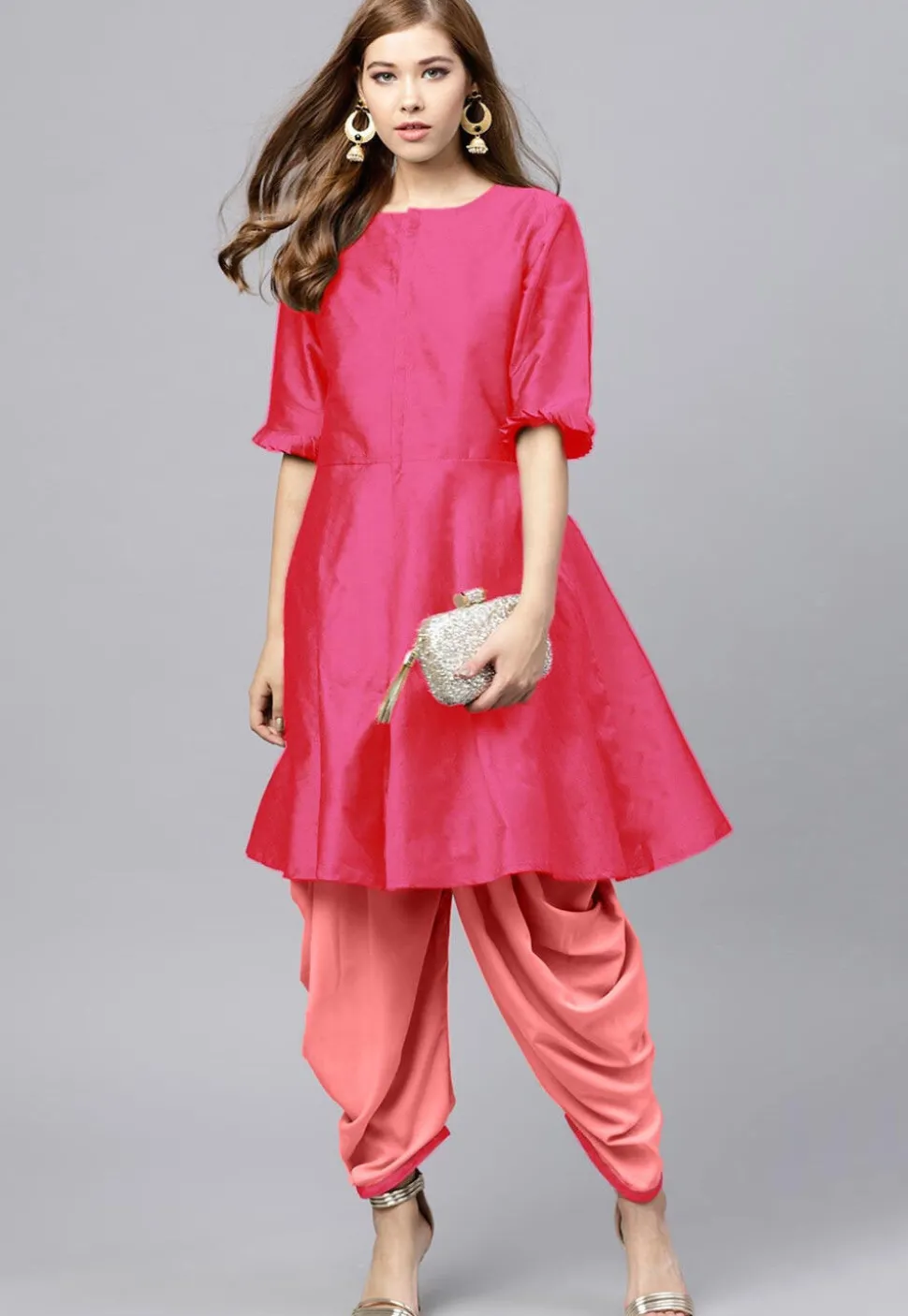 Solid Color Art Silk Kurti in Fuchsia