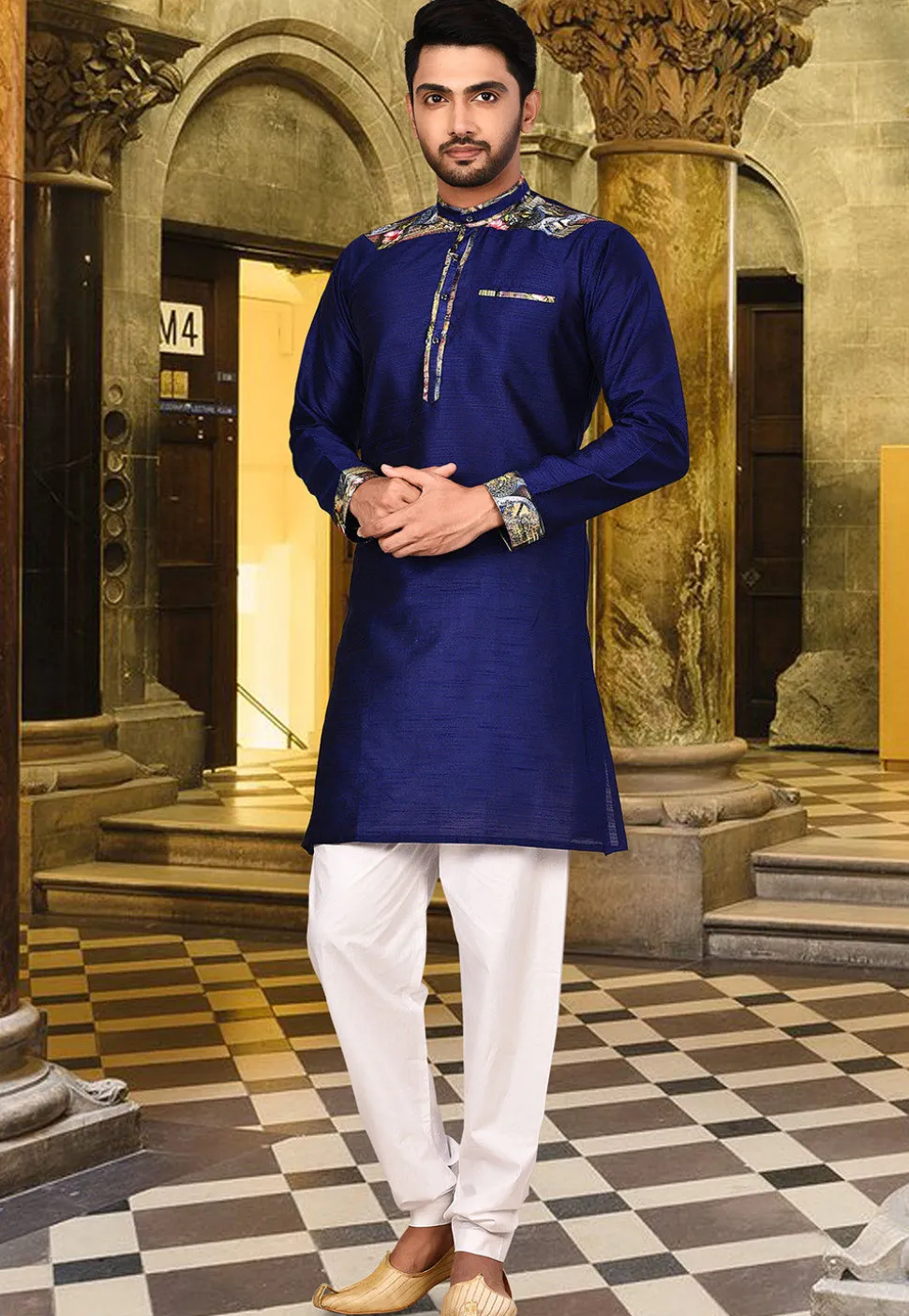 Solid Color Art Silk Kurta in Royal Blue