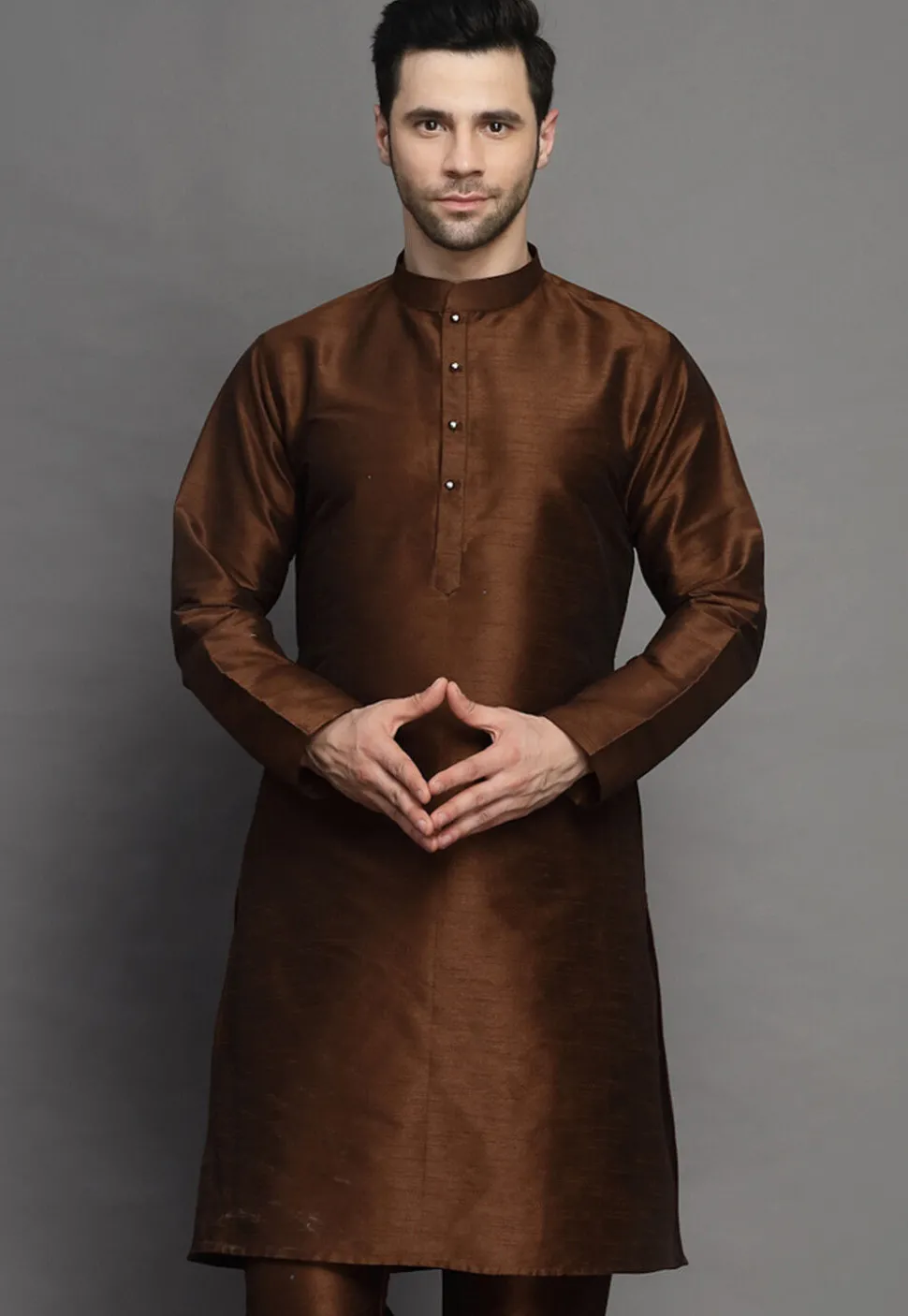 Solid Color Art Silk Kurta in Brown