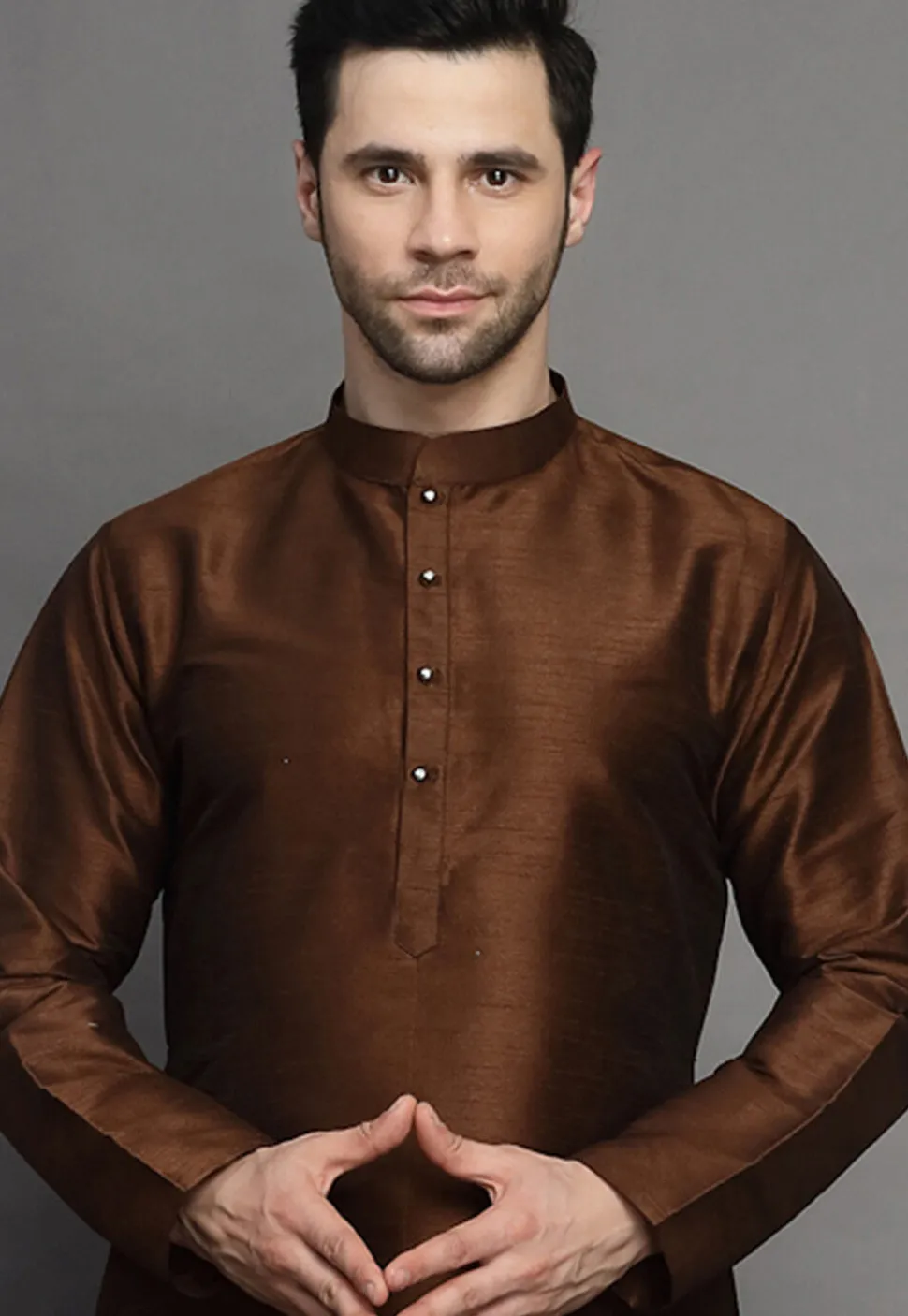 Solid Color Art Silk Kurta in Brown