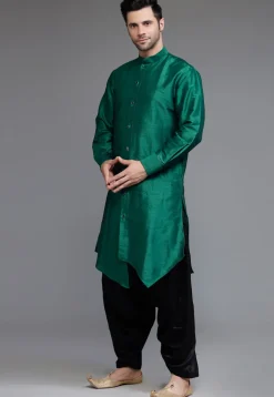 Solid Color Art Silk Kurta Set in Teal Green