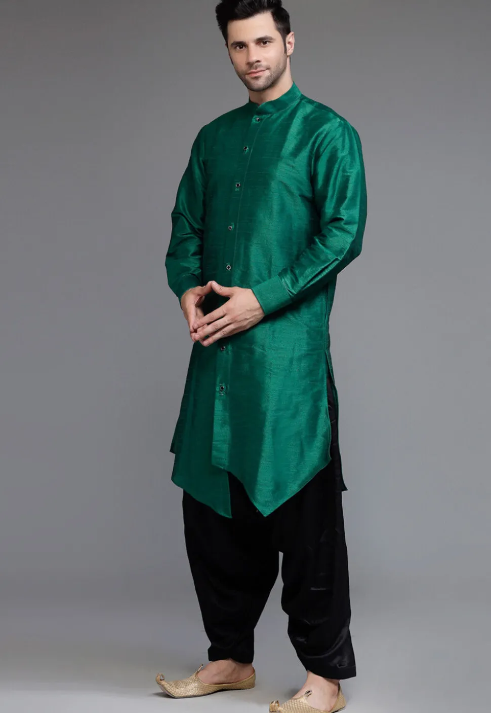 Solid Color Art Silk Kurta Set in Teal Green