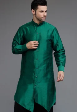 Solid Color Art Silk Kurta Set in Teal Green