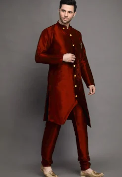 Solid Color Art Silk Kurta Set in Maroon