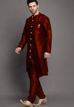 Solid Color Art Silk Kurta Set in Maroon