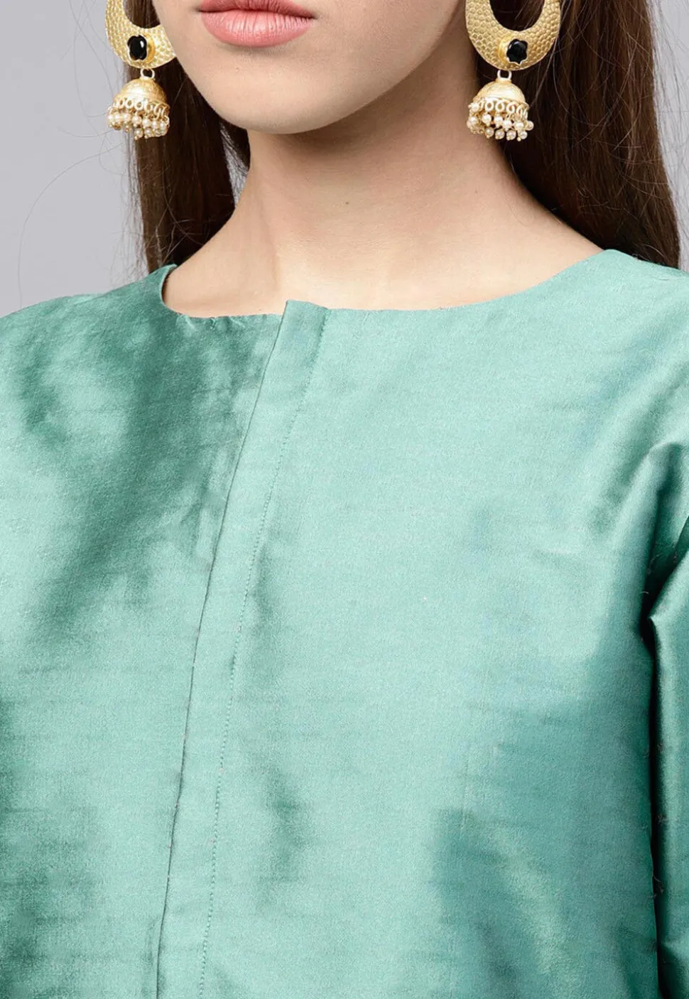 Solid Color Art Silk Kurti in Teal Green