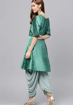 Solid Color Art Silk Kurti in Teal Green