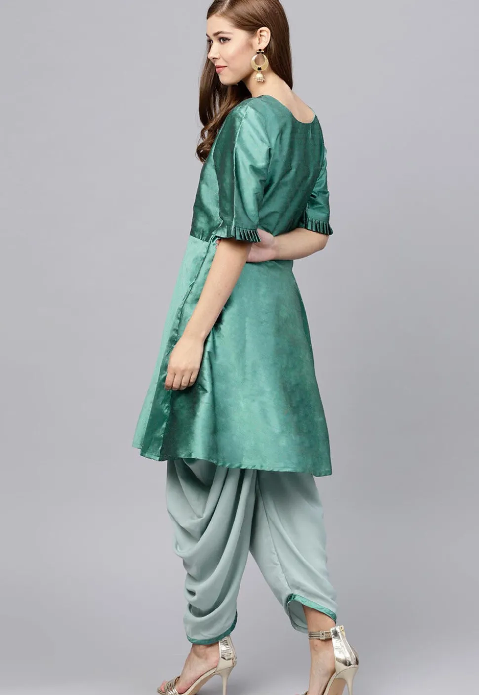Solid Color Art Silk Kurti in Teal Green